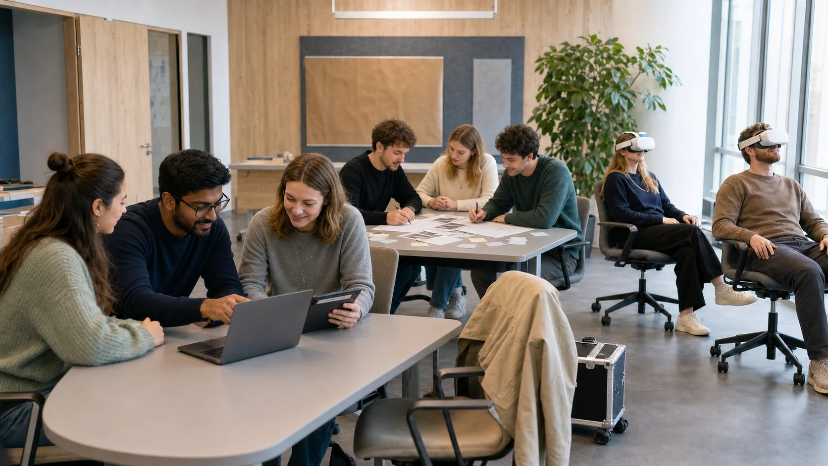 Lerngruppen arbeiten am Laptop, mit VR-Brillen und an einem Konzept