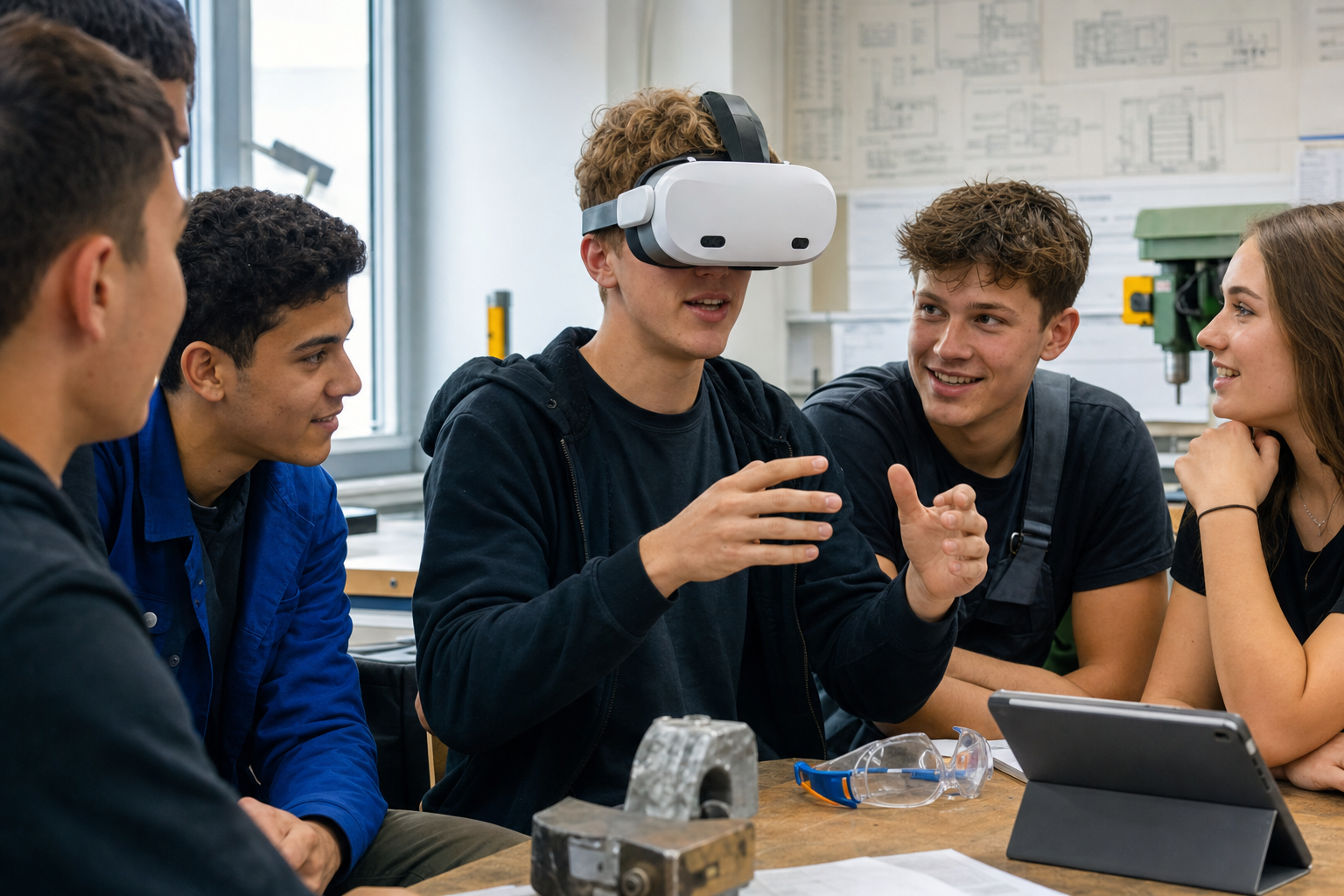 Schüler erzählt begeistert mit VR-Brille